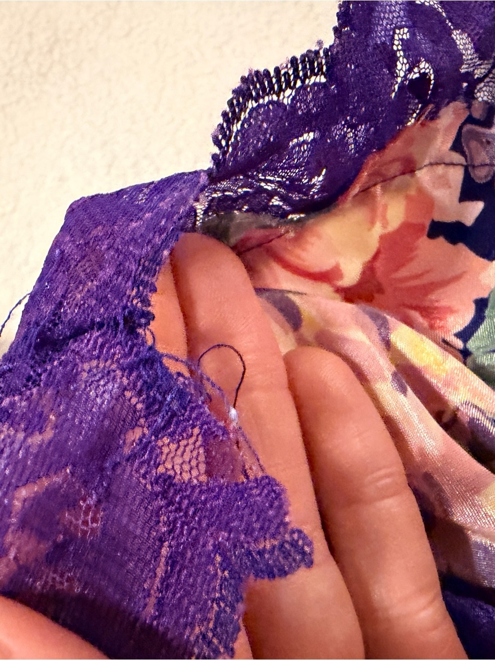 Solange Floral Satin Robe with Lace Trim - Purple & Pink - Picture 3 of 6
